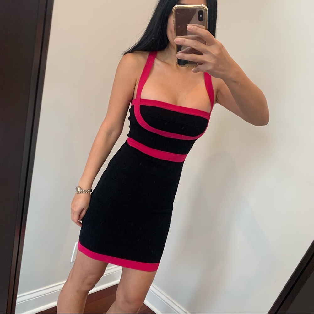 Bebe Bodycon Dress party sexy short mini black pink tight stretch size Small